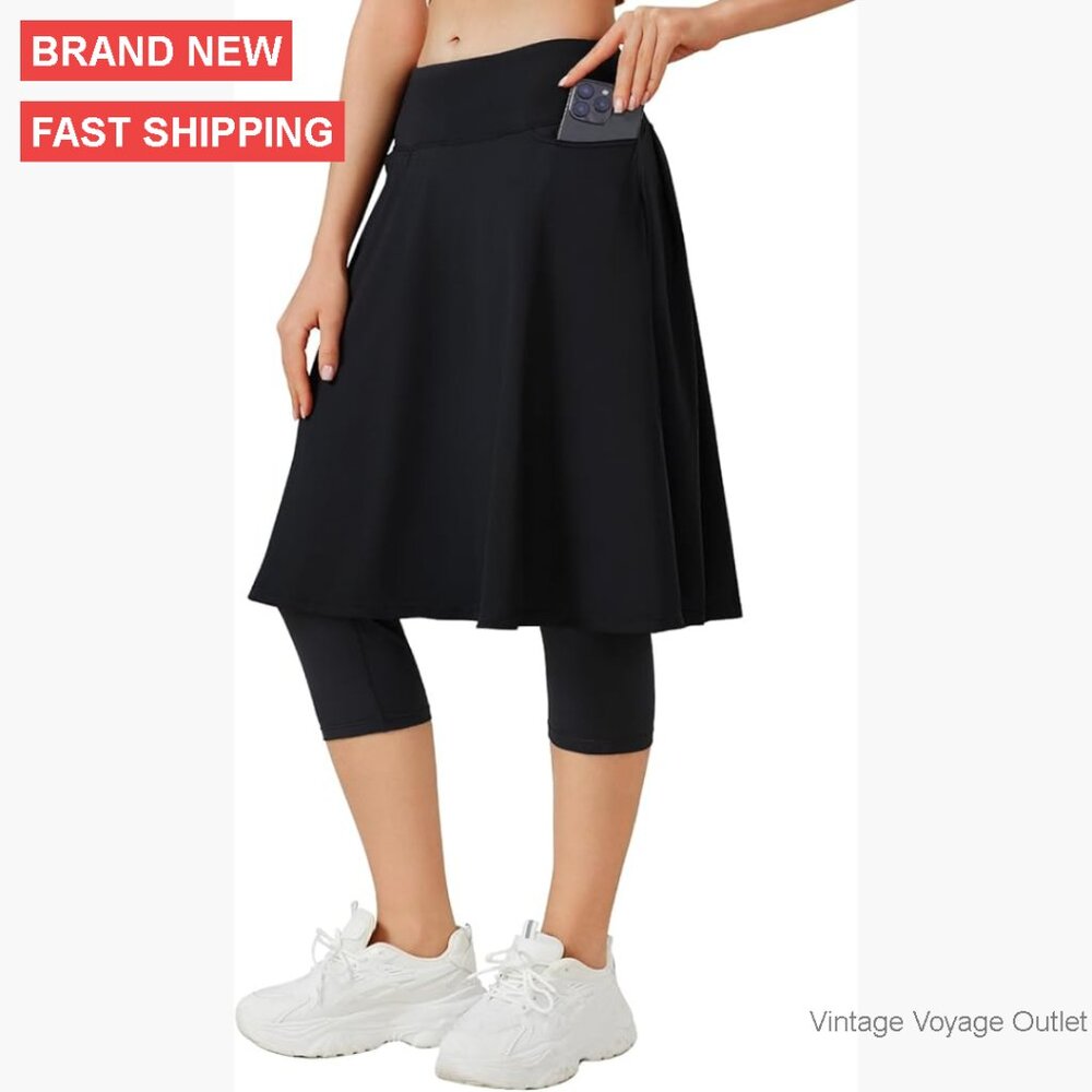 Knee Length Skirted Leggings with Pockets for Athletic Workout and Daily Wear
